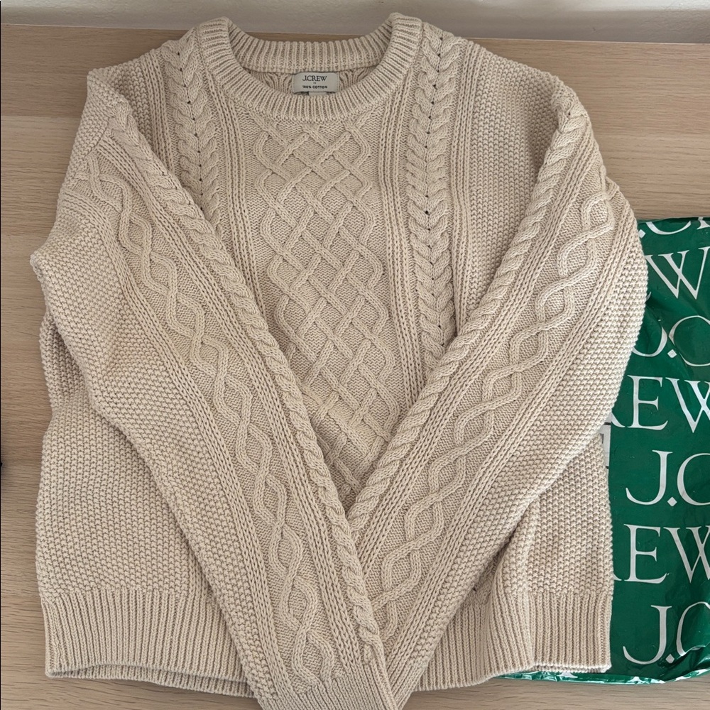 J Crew Women’s Medium 100 % Cotton Fisherman’s Sweater Beige NWT - Picture 3 of 9